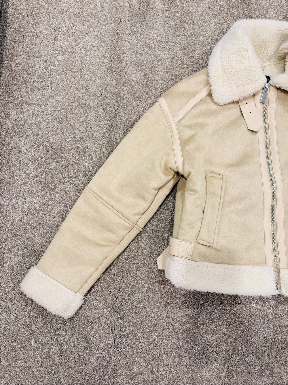 ZARA Double Faced Faux Suede Shearling Jacket Cream Beige Aviator Biker Size XS - Picture 3 of 11